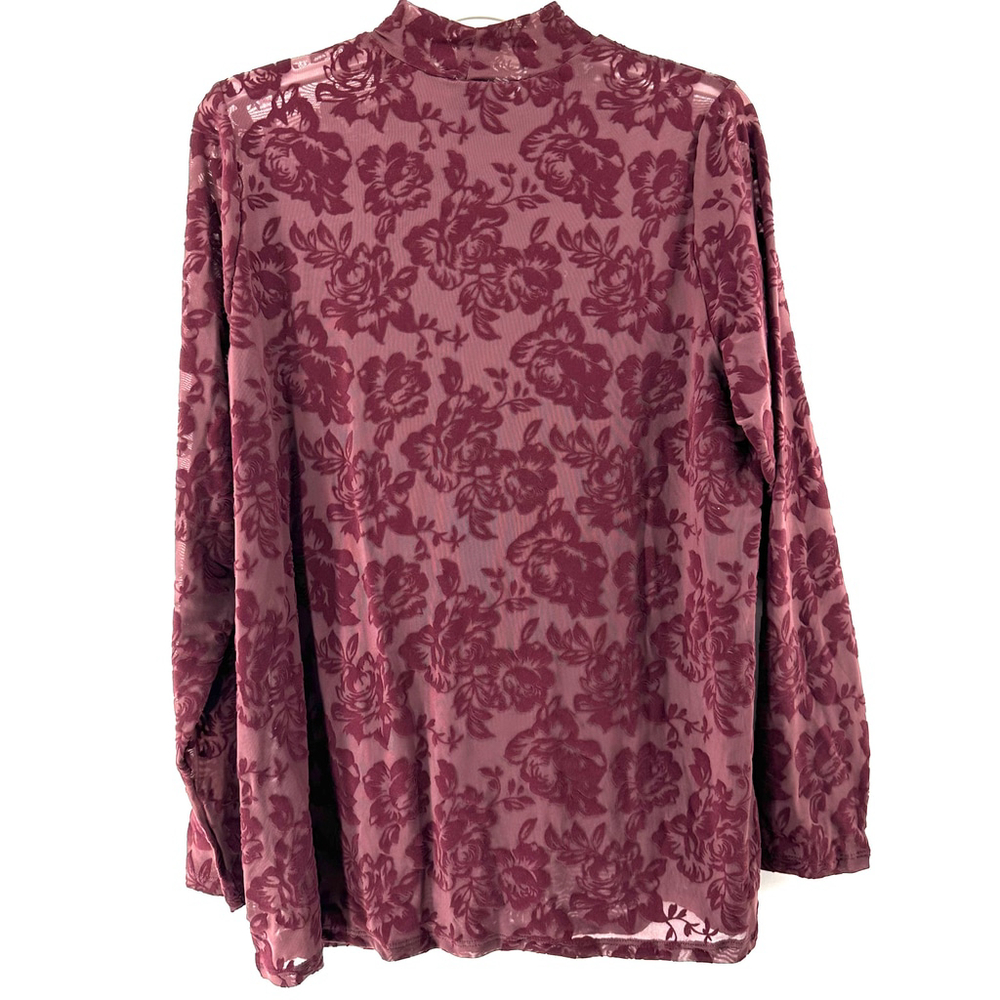 TORRID Burgundy FLORAL Mock Neck Long Sleeve SHEER Top WOMENS PLUS SIZE 0 12 14 - Picture 7 of 8